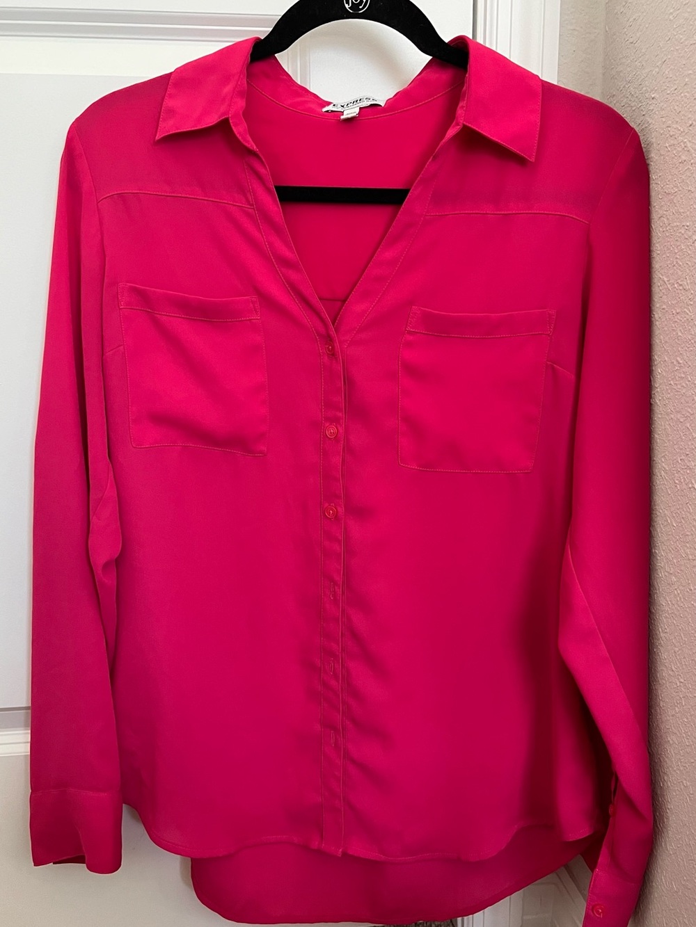 Express Portofino Hot-Pink Button Front Blouse Roll Tab Sleeve - Medium